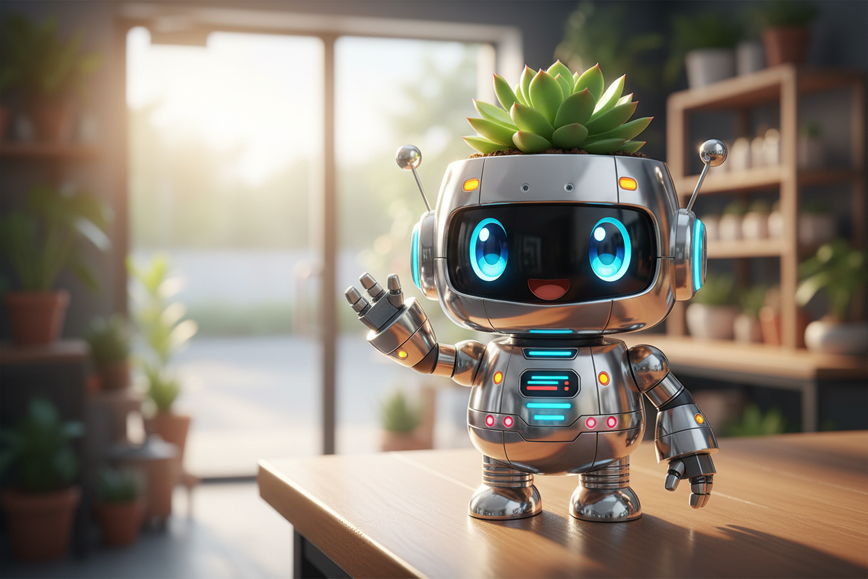 create a plant pot that is in an anime style that has a look of a electronic robot look to it. Have it wave and smile at the customers as they open arrive on the shop page